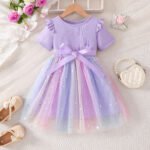 Girls Bow dress 2025 Summer Short-sleeved New Girls Gradient Mesh Children's Princess Dress Trendy - Image 3
