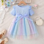 Girls Bow dress 2025 Summer Short-sleeved New Girls Gradient Mesh Children's Princess Dress Trendy