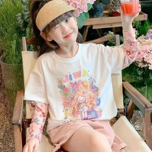 2025 New Girls' Summer Sunscreen Sleeve T-Shirt Fashionable Girl'S Summer Stitching Cartoon Top Trendy