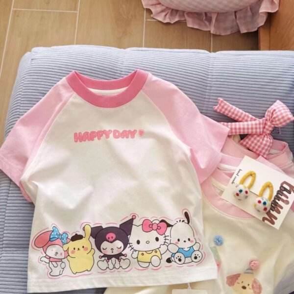 Girls' Cotton Summer Short-Sleeved T-Shirt Cartoon New Arrival Women'S Crewneck Rulose Color-Matching Half-Sleeved Top