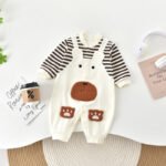Baby Clothes Spring And Autumn Baby Strap Striped Long Sleeve Hare Bear Fake Two-Piece One-Piece Embroidered Cute Climbing Suit