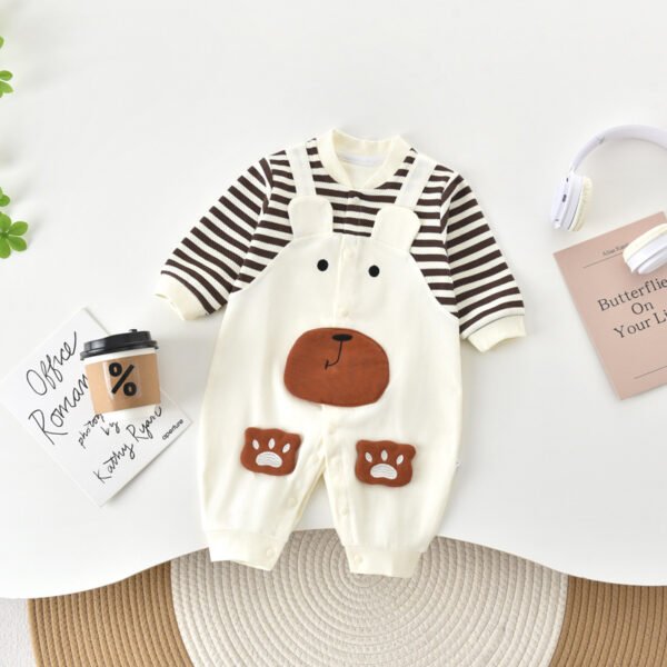 Baby Clothes Spring And Autumn Baby Strap Striped Long Sleeve Hare Bear Fake Two-Piece One-Piece Embroidered Cute Climbing Suit
